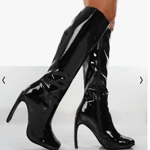 Public Desire: Peppa Black Patent Block Heel Knee High Boots